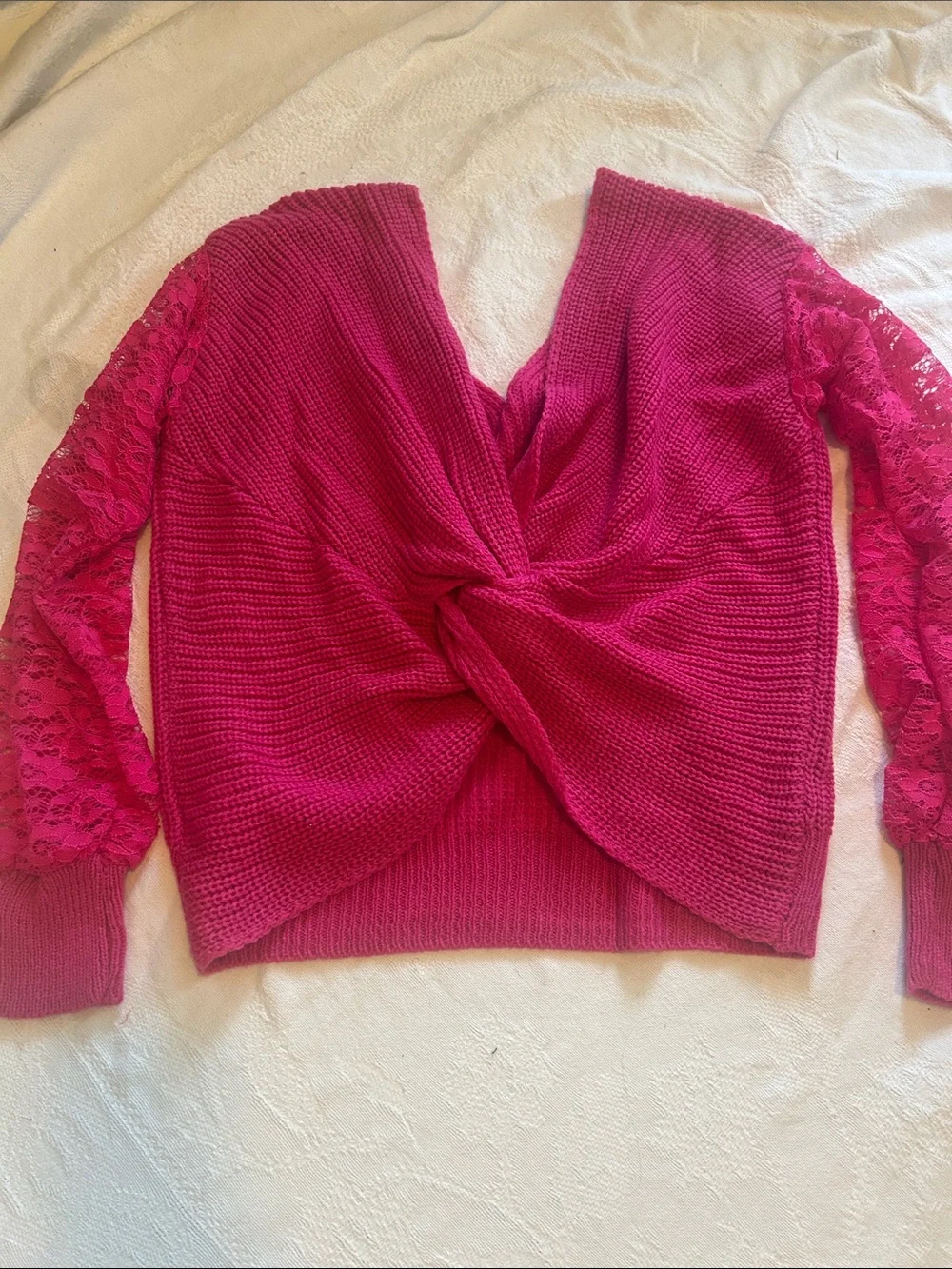 NWOT Twist Back Reversible Sweater Lace Sleeves - Hot Pink, size S